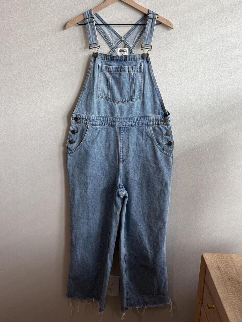 Show Me Your Mumu Denim Overalls Medium Light Wash Wide Leg Utility Boho